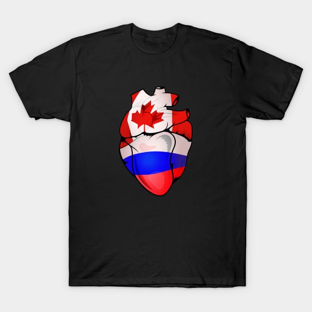 Russian Canadian Split Anatomical Heart With Flags - Russia-Canada T-Shirt by Biped Stuff